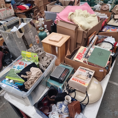 492E - A HUGE TABLE TOP OF MIXED ITEMS TO INCLUDE TED BAKER BAGS, RETRO GAMING, BLANKETS, LAMPS, WALKING ST... 