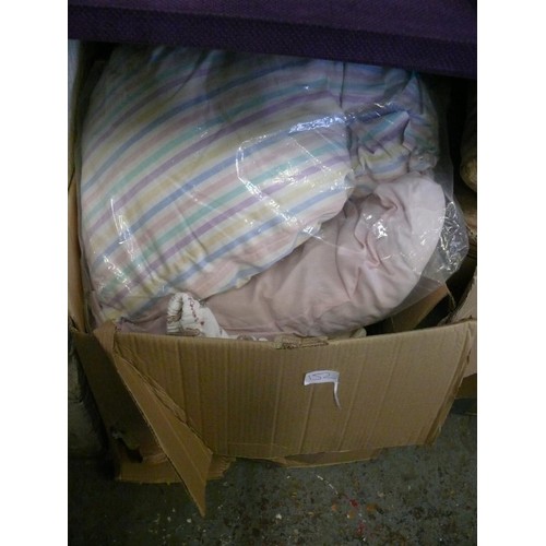 152 - 4 BOXES OF MIXED BEDDING, CUSHIONS AND MORE