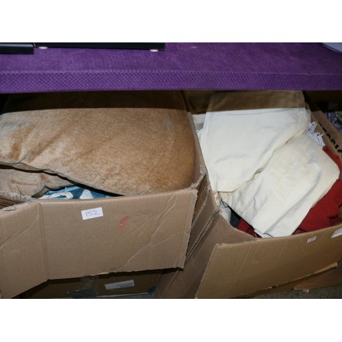 152 - 4 BOXES OF MIXED BEDDING, CUSHIONS AND MORE