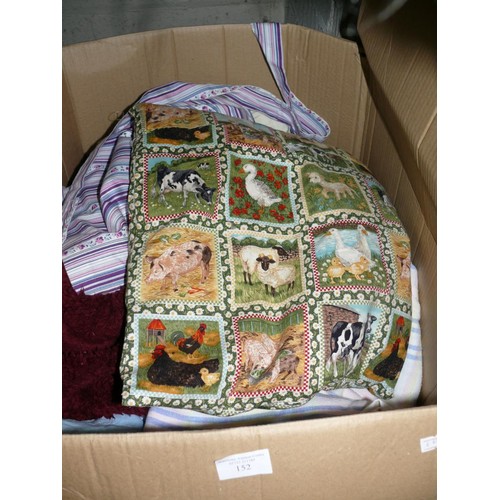 152 - 4 BOXES OF MIXED BEDDING, CUSHIONS AND MORE