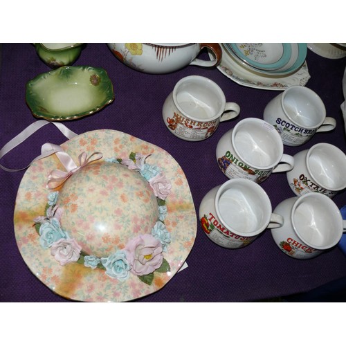 171 - LARGE COLLECTION OF VINTAGE CHINA TO INCLUDE A SET OF SOUP CUPS, HAT WITH FLOWERS, PLANT POT ETC