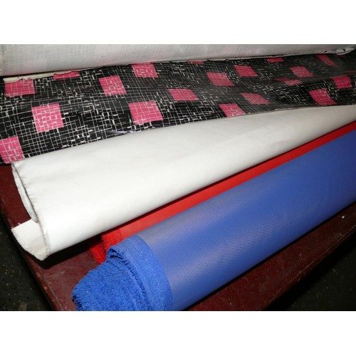 254 - 3 PART ROLLS OF VINYL FABRIC  BLACK WITH PINK SQUARES, 1 RED AND 1 BLUE