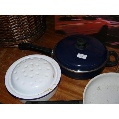 374 - 2 GOOD QUALITY FRYING PANS AND A ENAMEL OVEN PAN