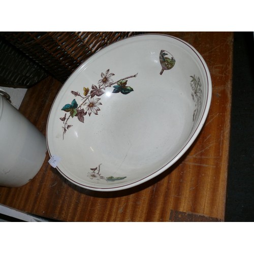 376 - VINTAGE CERAMIC BUCKET AND LARGE DECORATIVE BOWL (CRACKED)