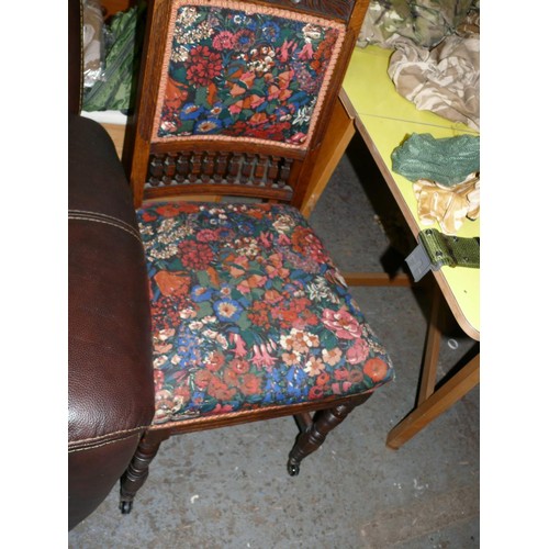 414 - BEAUTIFUL BEDROOM CHAIR WITH CARVED PANEL AND PINK AND GREEN FLORAL FABRIC