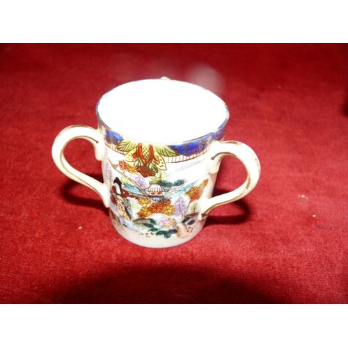 78 - HAND PAINTED LOVING CUP, NORITAKE C1900 AND A LARGE DOUBLE HANDED FLORAL MUG.