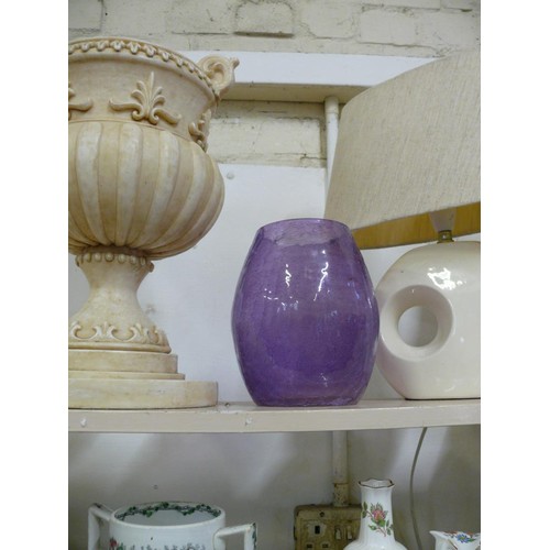 80 - LARGE GRECIAN STYLE URN, LILAC CRACKLE EFFECT VASE AND A PAIR OF CREAM BEDSIDE LAMPS WITH HESSIAN SH... 