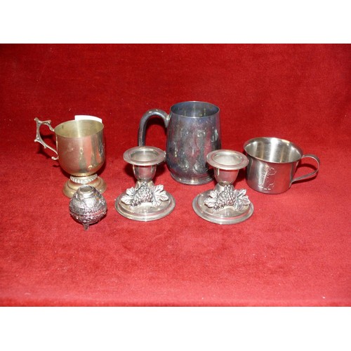 97 - COLLECTION OF SILVER PLATE INCLUDING PAIR OF CANDLE STICKS WITH GRAPE DETAIL, 2 SMALL TANKARDS ETC