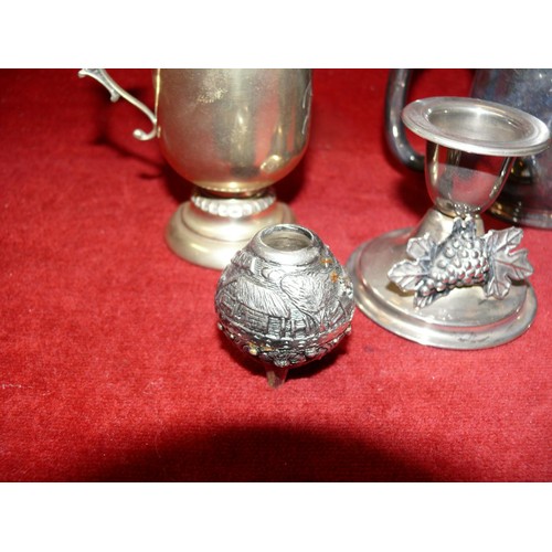 97 - COLLECTION OF SILVER PLATE INCLUDING PAIR OF CANDLE STICKS WITH GRAPE DETAIL, 2 SMALL TANKARDS ETC