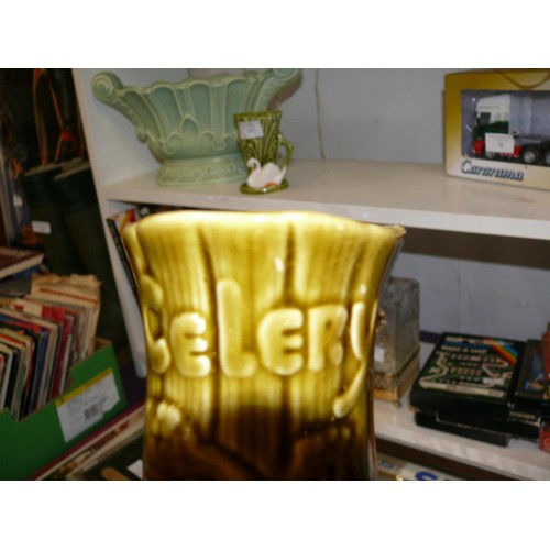 99 - GREEN  DOUBLE HANDLED VASE,  CELERY POT AND A SYLVAC SWAN VASE