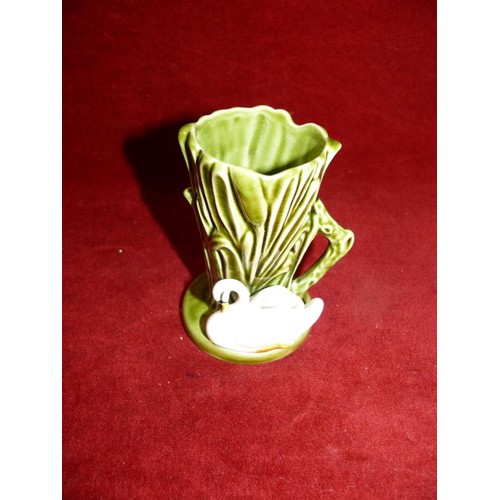 99 - GREEN  DOUBLE HANDLED VASE,  CELERY POT AND A SYLVAC SWAN VASE