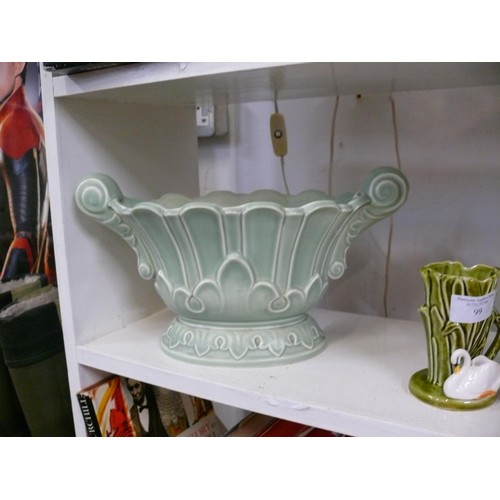 99 - GREEN  DOUBLE HANDLED VASE,  CELERY POT AND A SYLVAC SWAN VASE