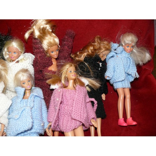 107 - CRATE OF VINTAGE DOLLS, SINDY AND MATTEL 1990'S PLUS ASSORTMENT OF CLOTHES  (9 DOLLS)