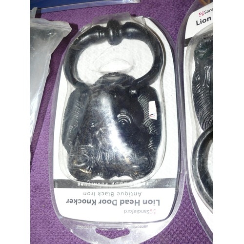 110 - BLACK IRON 'LION HEAD DOOR KNOCKER' X 2 SEALED PLUS 6 X BLACK IRON GOTHIC HINGES, NEW WITH SCREWS