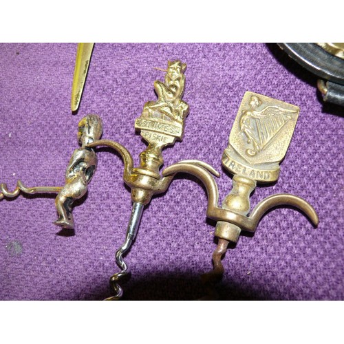 117 - COLLECTION OF BRASS WARES INCLUDING  CROCODILE NUTCRACKERS, CORK SCREWS,  CANDLESTICKS ETC