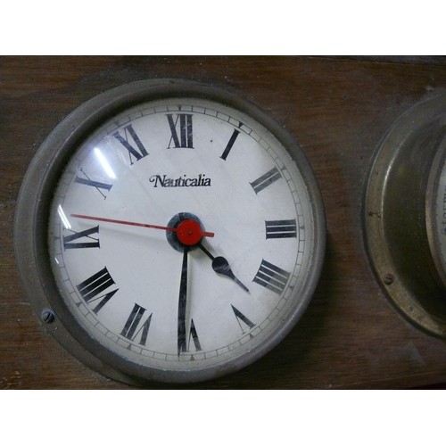 134 - NAUTICALIA BAROMETER AND A CLOCK MOUNTED ON OAK