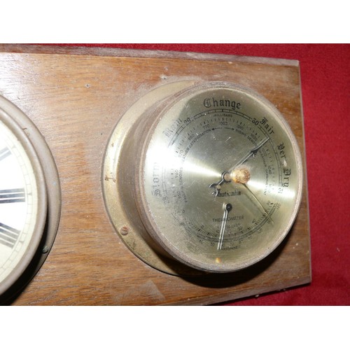 134 - NAUTICALIA BAROMETER AND A CLOCK MOUNTED ON OAK