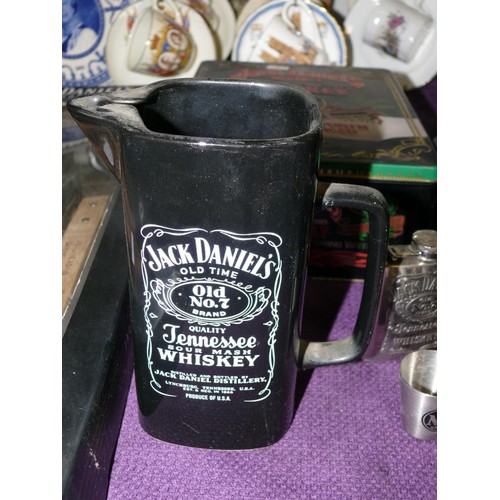 145 - JACK DANIEL'S  COLLECTIBLES, 3L WHISKEY BOTTLE,  CARDS, HIP FLASK, WATER JUG, POKER SET ETC