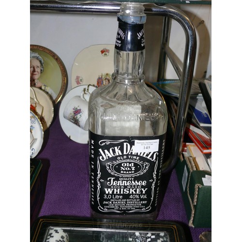 145 - JACK DANIEL'S  COLLECTIBLES, 3L WHISKEY BOTTLE,  CARDS, HIP FLASK, WATER JUG, POKER SET ETC