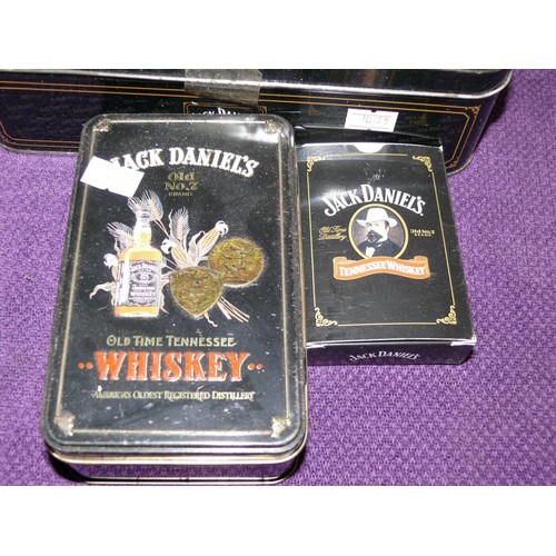 145 - JACK DANIEL'S  COLLECTIBLES, 3L WHISKEY BOTTLE,  CARDS, HIP FLASK, WATER JUG, POKER SET ETC