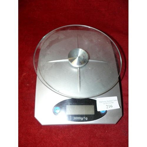 216 - A SET OF SALTER BATHROOM SCALES, KITCHEN SCALES AND A NEW YORK SOAP DISH APPEARS NEW IN BOX