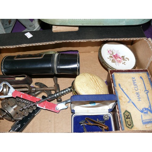 269 - BOX OF VINTAGE COLLECTABLES TO INCLUDE HAIR CLIPPERS, CORKSCREWS, SPIRIT FLASK, CHINA ETC