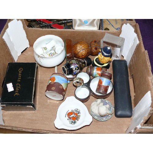 269 - BOX OF VINTAGE COLLECTABLES TO INCLUDE HAIR CLIPPERS, CORKSCREWS, SPIRIT FLASK, CHINA ETC