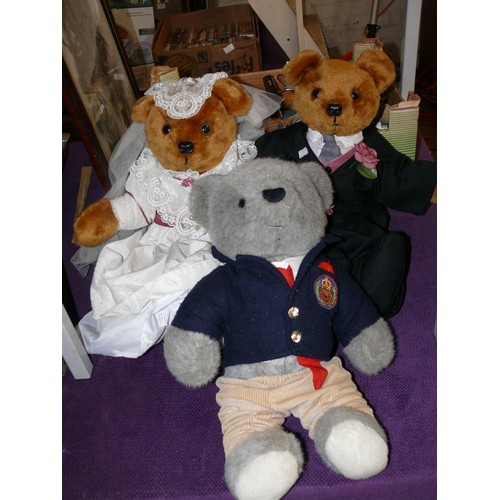 265 - A BARBARA-ANN BEAR BRIDE AND GROOM SET AND A SCHOOL BOY TEDDY BEAR