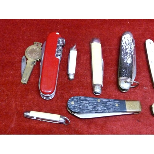 47 - A tin of folding penknives, including French Pradel cow horn, swiss army, mother of pearl and a  sho... 