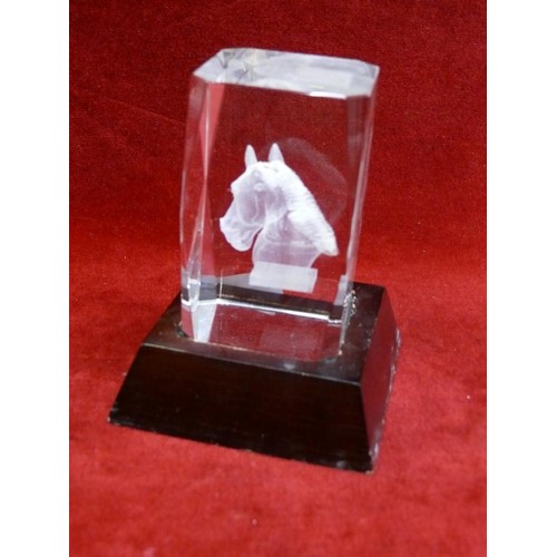 12 - GLASS PAPERWEIGHT FEATURING HORSES HEAD ON WOODEN STAND