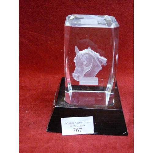 12 - GLASS PAPERWEIGHT FEATURING HORSES HEAD ON WOODEN STAND