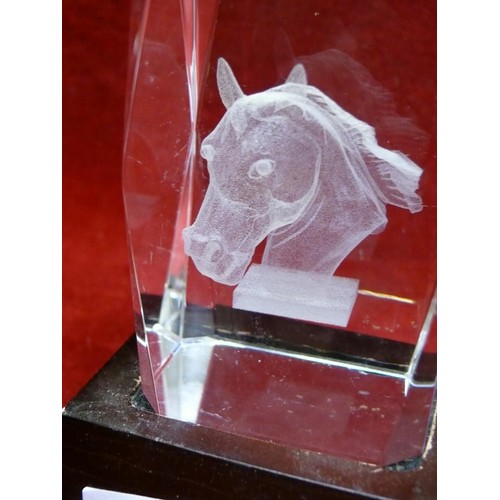 12 - GLASS PAPERWEIGHT FEATURING HORSES HEAD ON WOODEN STAND