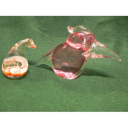 1 - Vintage cranberry coloured art glass bird paperweight, along with a smaller Murano glass bird paperw... 