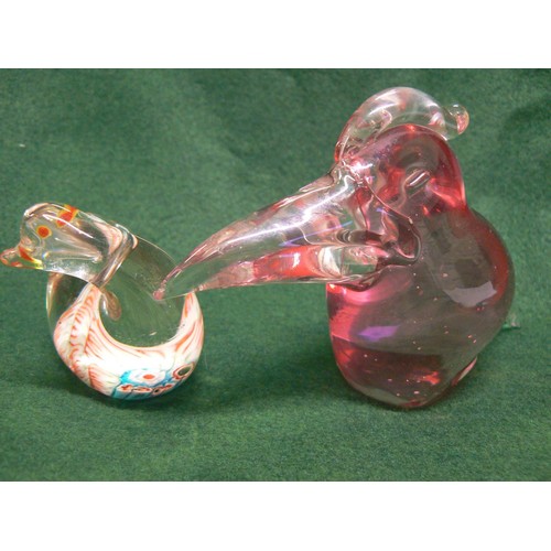 1 - Vintage cranberry coloured art glass bird paperweight, along with a smaller Murano glass bird paperw... 