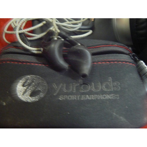 11 - Sony CD walkman with case, with Philips over ear headphones and yurbuds earphones.