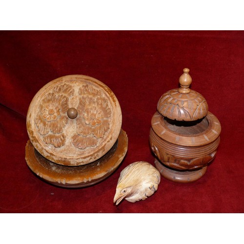 18 - Hand carved wooden lidded trinket urn, lidded bowl and eagle head carving.