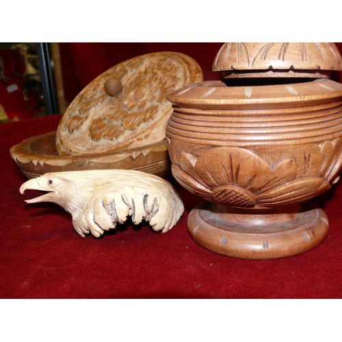 18 - Hand carved wooden lidded trinket urn, lidded bowl and eagle head carving.