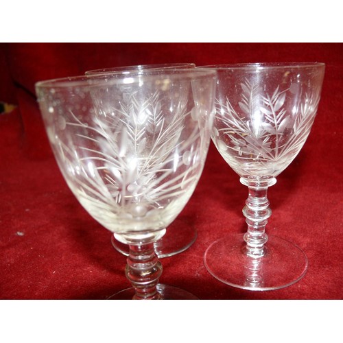 21 - Set of 3 Victorian etched port or sherry glasses.