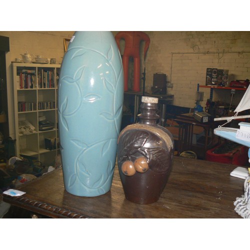 69 - MYSTIC TEAL DEBOSSED FLORAL VASE AND A TURGIS STONEWARE POTTERY APPLE BRANDY JUG WITH STOPPER