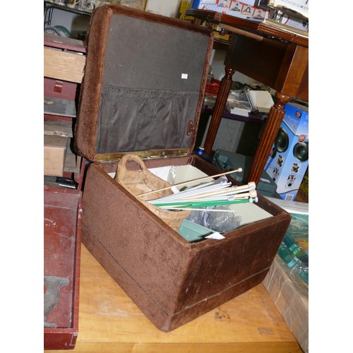 155 - PADDED FOOTSTOOL WITH CONTENTS OF SEWING AND KNITTING ITEMS