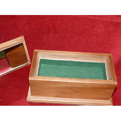 63 - HEAVY WOODEN JEWELLERY BOX WITH MIRRORED LID