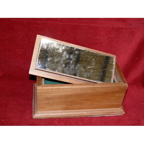 63 - HEAVY WOODEN JEWELLERY BOX WITH MIRRORED LID