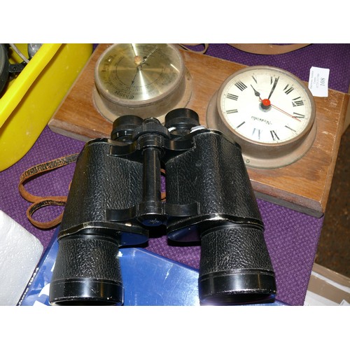 108 - A NAUTICALIA CLOCK AND BAROMETER MOUNTED ON WOOD AND A PAIR OF PATHESCOPE BINOCULARS, 10X50, No3S714