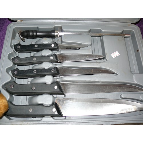 115 - A SET OF KITCHEN KNIVES IN FITTED CASE WITH CHOPPING BOARD AND A SET OF KITCHEN KNIVES BY ESTIA IN S... 