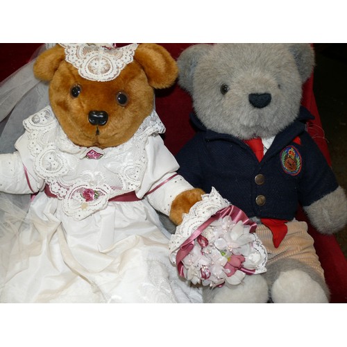 119 - A BARBARA-ANN BEAR BRIDE AND GROOM SET AND A SCHOOL BOY TEDDY BEAR