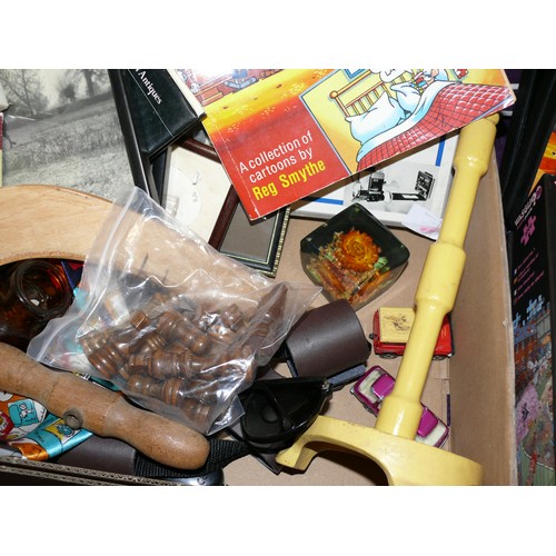 128 - LARGE BOX OF COLLECTABLES TO INCLUDE TOY CARS, PAPERWEIGHT, CHESS PIECES, BOOK ON HORSE BRASSES, FRA... 