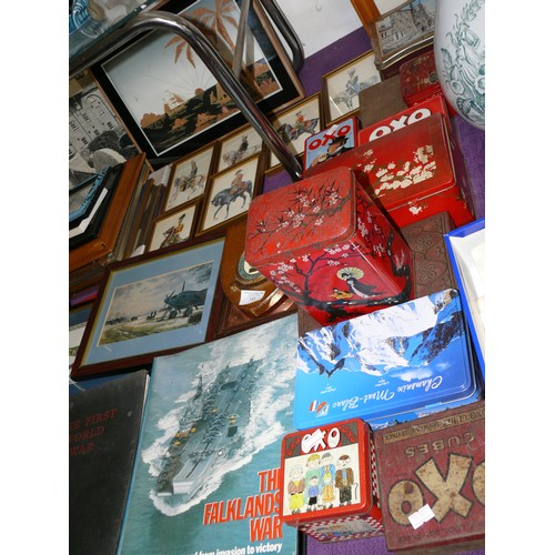 145 - COLLECTION OF VINTAGE PICTURES, TINS AND BOOKS TO INCLUDE MILITARY, ADVERTISING ETC