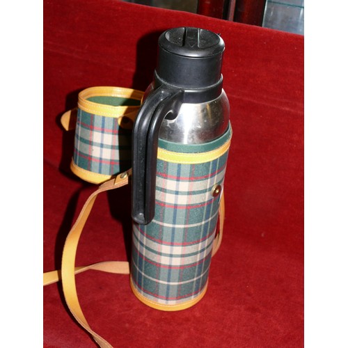 61 - NISSAN FLASK IN REAL LEATHER TARTAN CASE PLUS A FAUX LEATHER BOTTLE CADDY