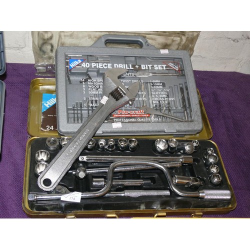 174 - 24 PIECE SOCKET SET, 40 PIECE DRILL & BIT SET AND A LARGE SPANNER