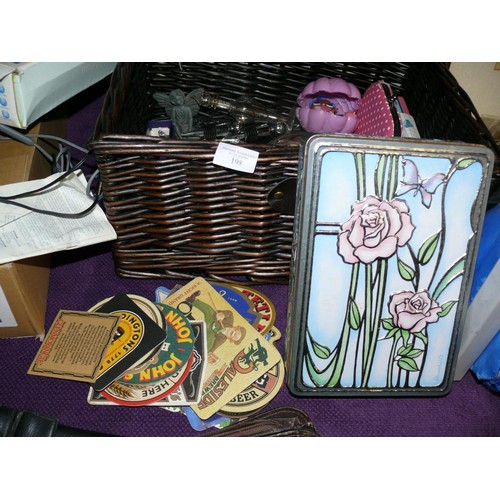 198 - BASKET OF COLLECTABLE AND DECORATIVE ITEMS TO INCLUDE BREWERIANA